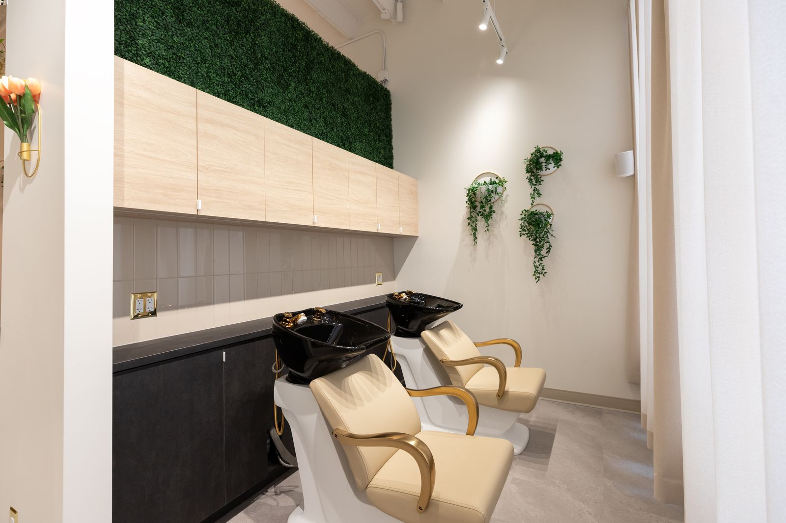 Salon coiffure chaise lavabo mur plantes